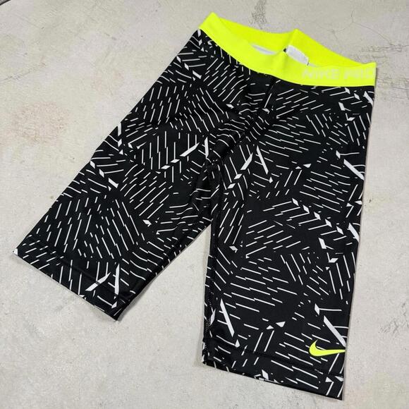Nike Pro Compression Shorts Black White Neon Yellow Women Size S Training Gym - Picture 1 of 10